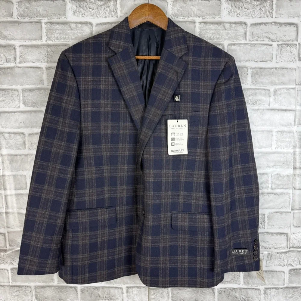 Lauren Ralph Lauren Mens Ultraflex Navy Brown Plaid Wool Blazer 42 Long LETO12P